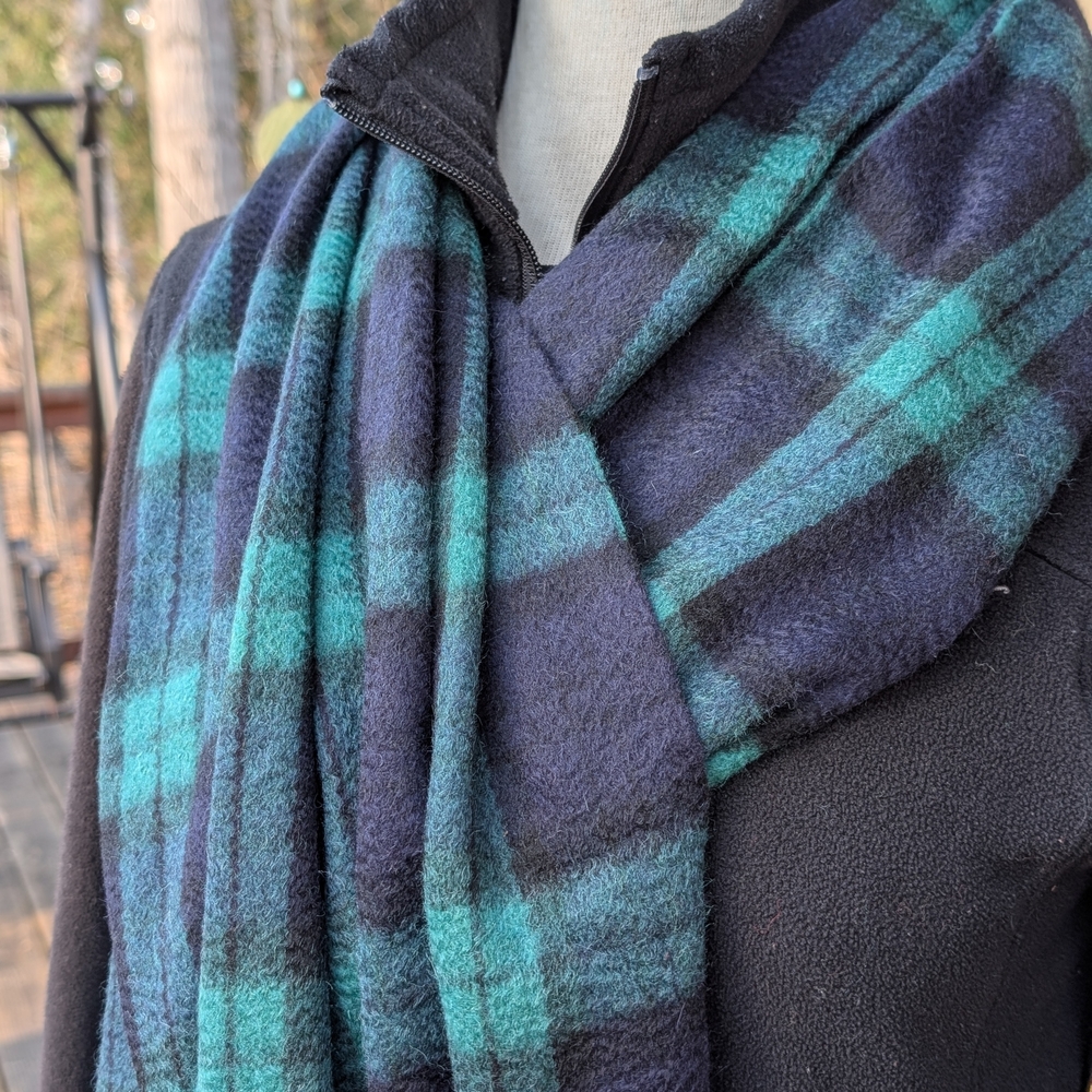 Navy Blue & Green Plaid Fleece Winter Scarf